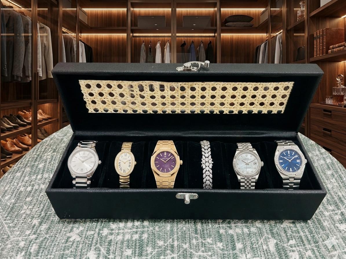 The Artisan Heirloom|Handcrafted Ratan & Faux Leather Watch & Bracelet Box
