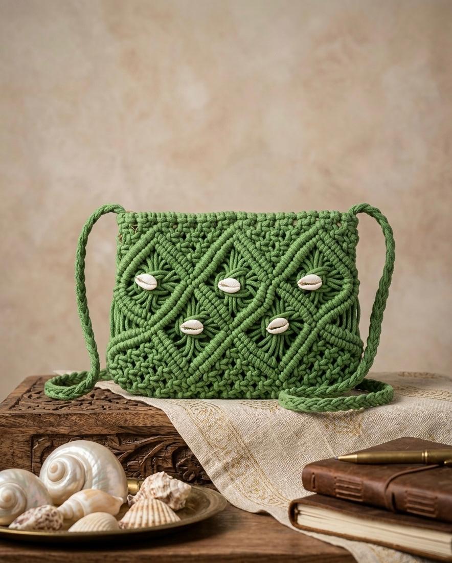 Boho Green Macramé Handwoven Sling Bag| Eco-Friendly Artisan Style