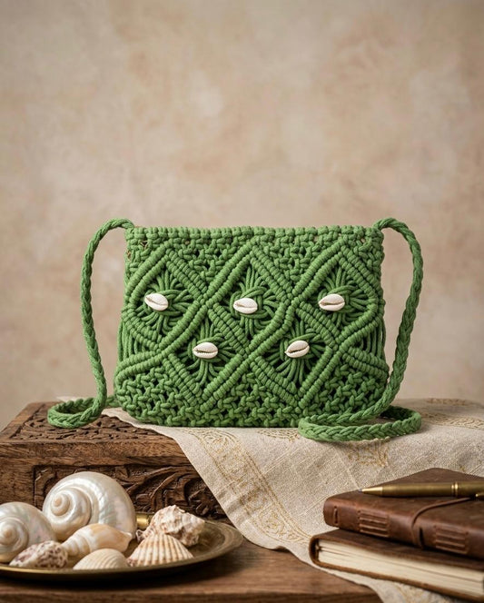 Boho Green Macramé Handwoven Sling Bag| Eco-Friendly Artisan Style