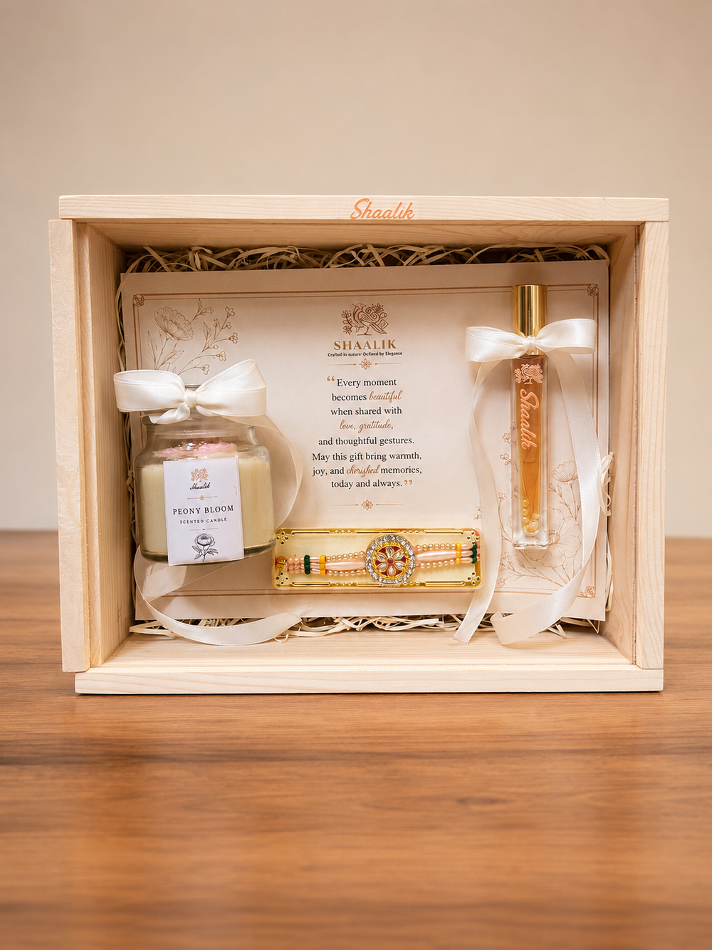 Shaalik Rakhi Gift Box — Handmade Rakhi + Amber Oud Perfume + Rose Candle