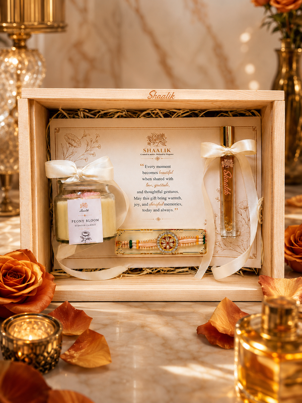 Shaalik Rakhi Gift Box — Handmade Rakhi + Amber Oud Perfume + Rose Candle