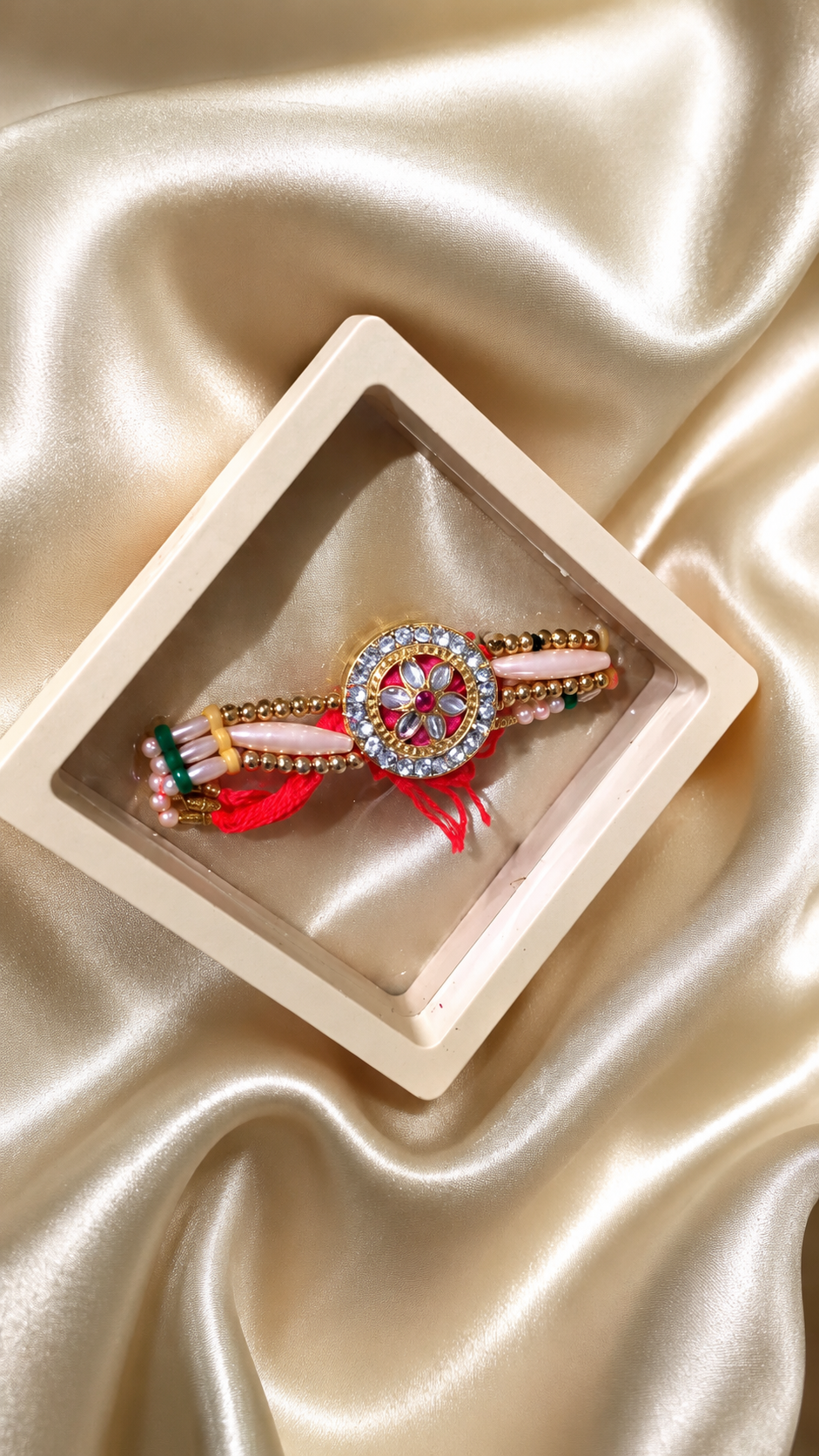 Shaalik Rakhi Luxor Hamper — Rakhi, Chocolates, Attar & Dried Flowers in a Pine Box