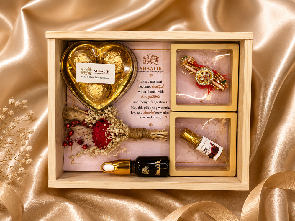 Shaalik Rakhi Luxor Hamper — Rakhi, Chocolates, Attar & Dried Flowers in a Pine Box