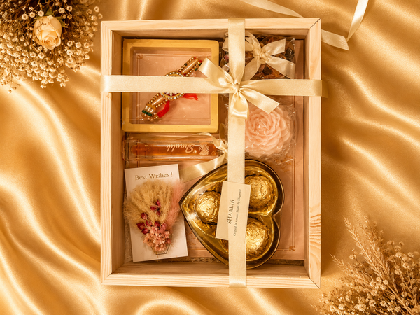 Shaalik The Essence Rakhi Hamper — Rakhi, Candle, Chocolates & 12ml Perfume in a Pine Box