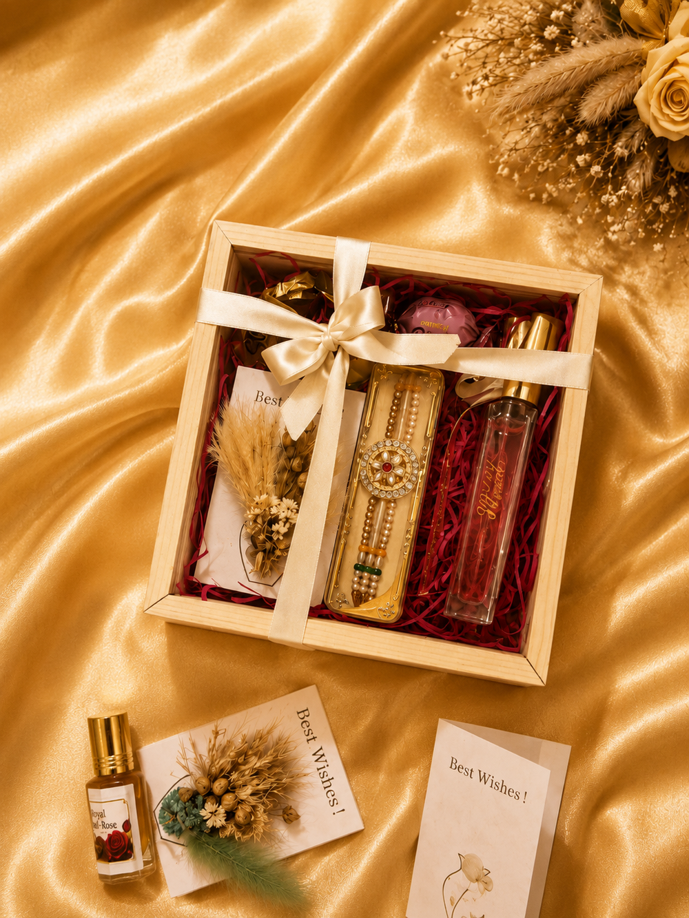 Shaalik Classic Rakhi Hamper — Rakhi, 20ml Perfume & Best Wishes Card in a Wooden Box