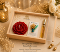 "Shaalik One Gift for All Occasions set - rose scented soy wax candle, Atelier perfume 12ml and dried flower Best Wishes card with premium wooden Gift Box"