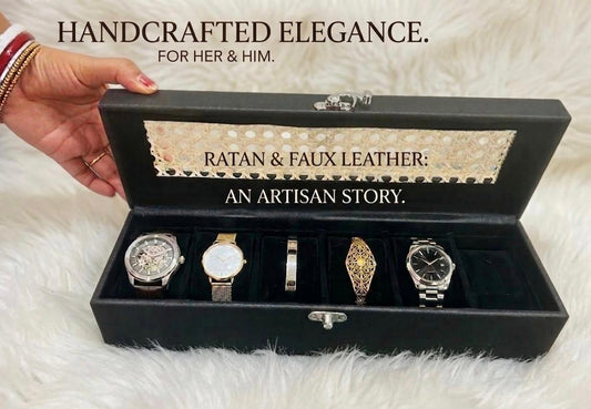 The Artisan Heirloom|Handcrafted Ratan & Faux Leather Watch & Bracelet Box
