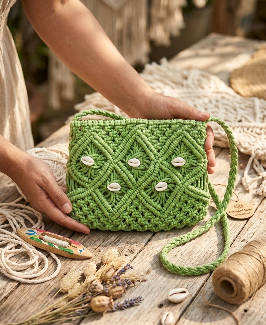 Boho Green Macramé Handwoven Sling Bag| Eco-Friendly Artisan Style
