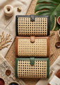 "Kaveri Rattan Wallet — Handwoven Panel, Vegan Leather | Natural Rattan