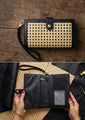 "Kaveri Rattan Wallet — Handwoven Panel, Vegan Leather | Natural Rattan