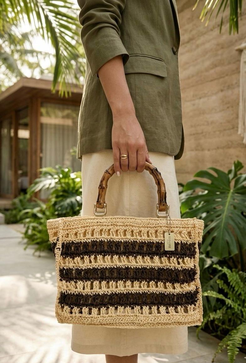 The Artisan Woven Raffia Tote with Bamboo Handles