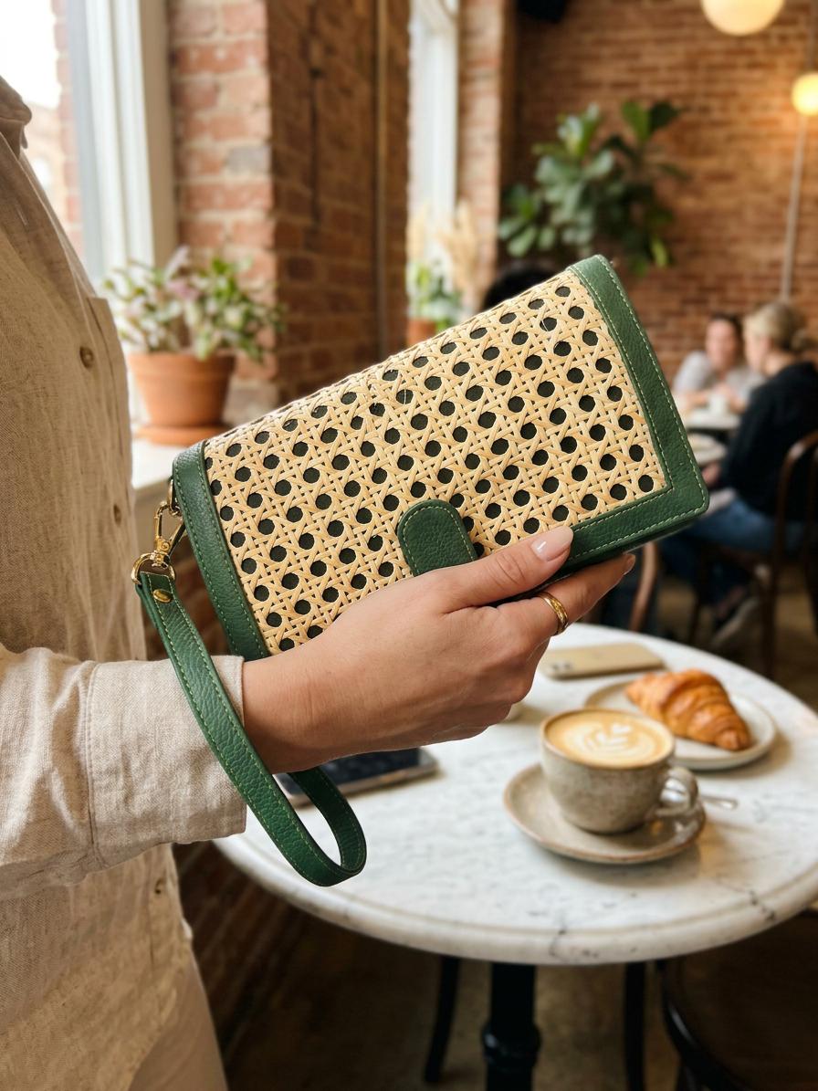 "Kaveri Rattan Wallet — Handwoven Panel, Vegan Leather | Natural Rattan