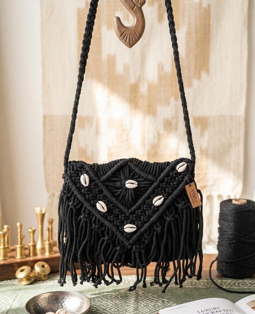 Boho Handwoven Black Macramé Sling Bag| Eco Friendly  Artisan Bag