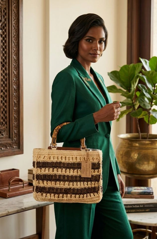 The Artisan Woven Raffia Tote with Bamboo Handles