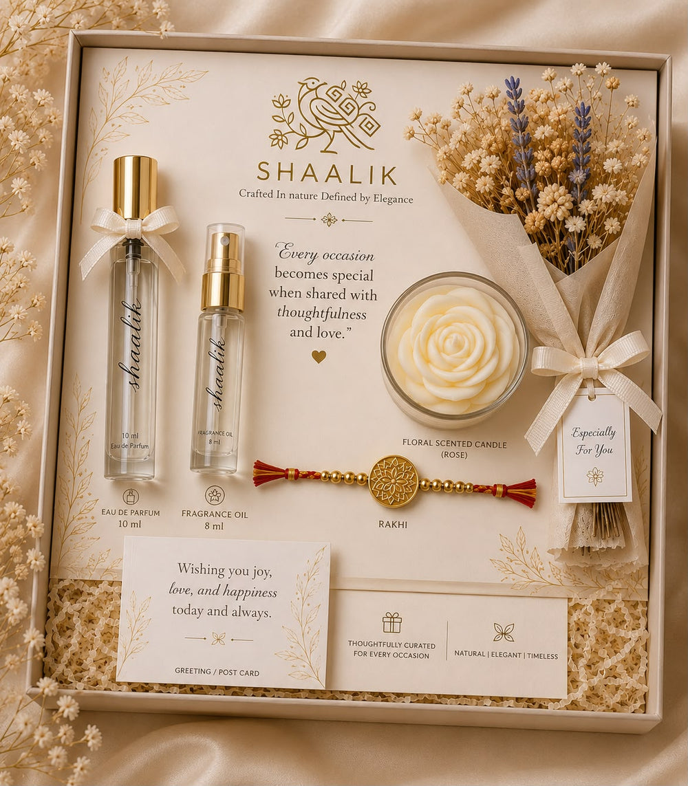 Premium Rakhi Hamper-Real dried flowers, refillable flower oil, perfume and rose candle.